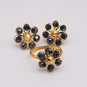 Hand Made 21KT Yellow Gold & Hematite Matching Ring & Earrings Set (Appraised)